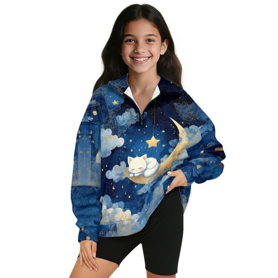 Xoenoiee Cat Moon Star Cloud Print Girls Oversized Sweatshirts Fall Sweaters Fashion Hoodies Half Zip Pullover Long Sleeve Shirts Clothes, Size 11-12 Years