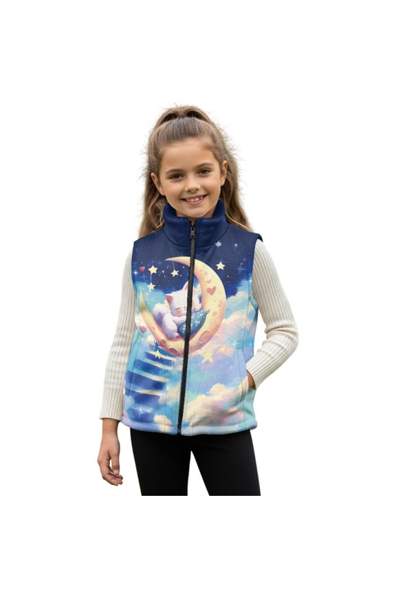 Cat Moon Star Cloud Print Kids' Polar Fleece Vest for Boys Girls, Fuzzy Sherpa Stand Collar Sleeveless Zip-Up Jacket with Pockets, Warm Fall Winter Coat, Size 5-6 Years