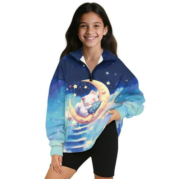 Xoenoiee Cat Moon Star Heart Cloud Print Girls' Sweatshirts Half Zipper Pullover Tops for Teen Girls Drop Shoulder Long Sleeve Sweater Outfits，Size 5-6 Years