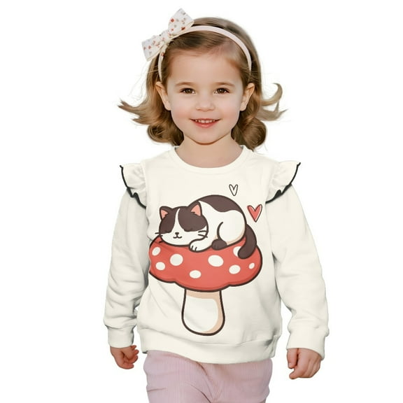 Xoenoiee Cat Mushroom Heart Print Girls Crewneck Sweaters Cute Crewneck Ruffle Sweatshirts Long Sleeve Knit Pullover Sweater Tops, Size 3-4 Years