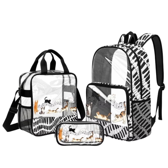 Xoenoiee Cat Music Note Piano Print 3PCS Clear Backpack for Boys, Transparent Backpack with Waterproof PVC, See Through Backpacks Rucksack Travel Daypack with Lunch Bag and Pencil Case