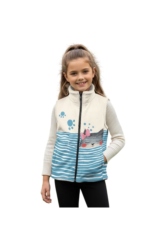 Cat Paw Bow Print Girls Boys Zippered Vest Sleeveless Coat Stand-Up Collar Warm Soft Fleece Outerwear Jacket with Pockets, Size 2T