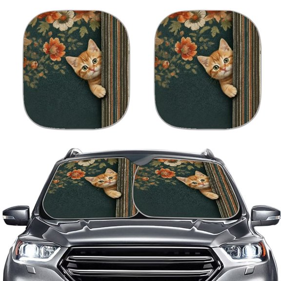 Xoenoiee Cat Peony Flower Print Car Windshield Sun Shade, 2PCS Foldable Reflective Automotive Front Windscreen Shade Blocks Heat UV Rays, Car Window Sun Visor Protector