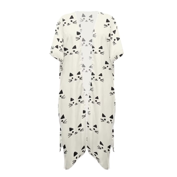 Xoenoiee Cat Print Half Sleeve Women's Sheer Mesh Short Sleeve Swimwear Long Kimono Cardigan Summer Boho Beach Cover Up Tops for Vacation Beach