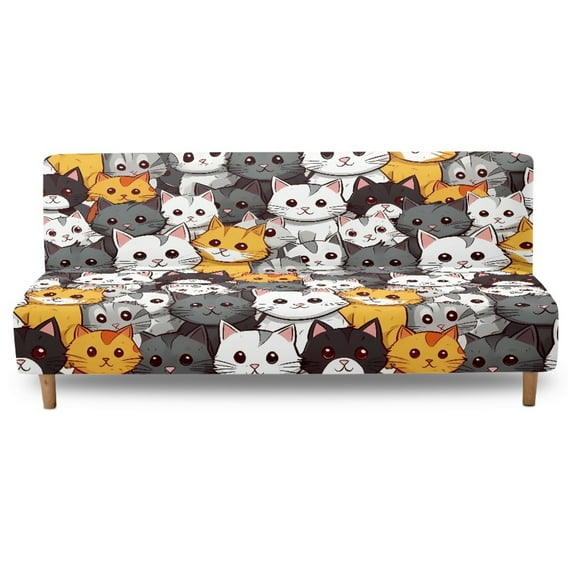 Xoenoiee Cat Print Stretch Futon Slipcover Armless Sofa Cover Furniture Protector Without Armrests Slipcover Soft with Elastic Bottom for Kids