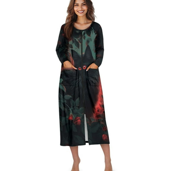 Xoenoiee Cat Rose Flower Print Women Long Sleeve Zip Front Nightgowns Full Length Robes Loose Housecoat Loungewear Nightdress with Pockets, Size XL