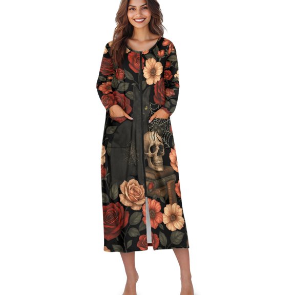 Xoenoiee Cat Skull Spider Web Rose Flower Print Women's Zipper Robes Halloween Long Sleeves Bathobe Soft House Coat Sleepwear Full Length Loungewear with Pockets, M