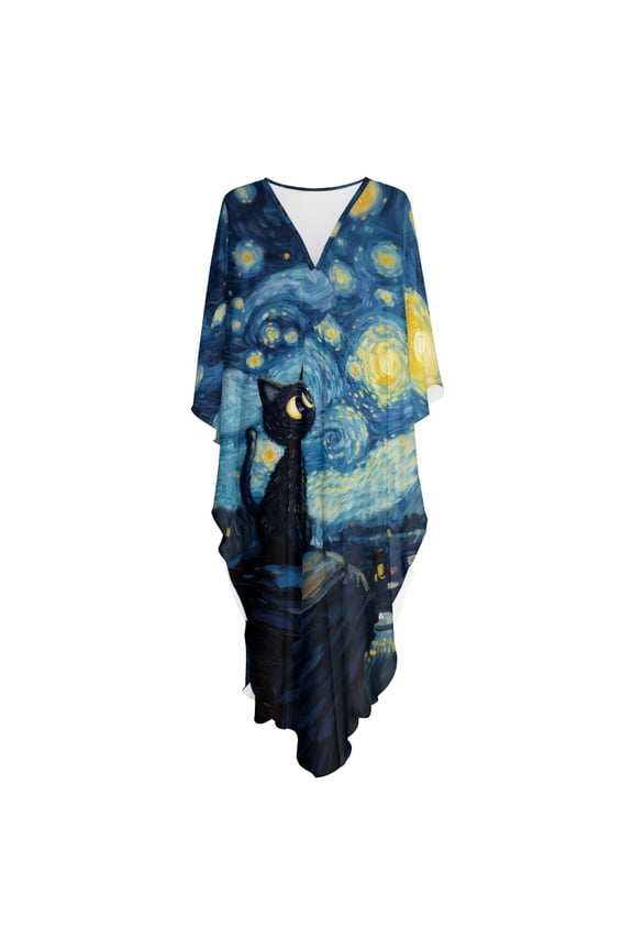 Cat Starry Night Pattern Kaftan Dresses for Women Stylish Caftans Plus Size Batwing Sleeve Beach Cover up Soft Loungewear Long Maxi Dresses