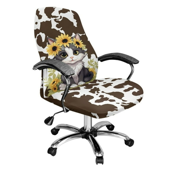 Xoenoiee Cat Sunflower Cow Print Home Office Chair Covers Stretchable Computer Desk Chair Covers High Back Universal Executive Boss Chair Covers Removable Gaming Chair Cover, Machine Washable, L