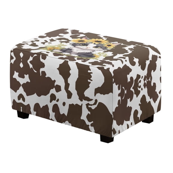 Xoenoiee Cat Sunflower Cow Print Ottoman Cover Rectangle Velvet Storage Ottoman Slipcovers Thick Stretch Footrest Foot Stool Covers Protector with Elastic Band, S