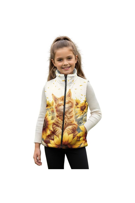 Cat Sunflower Print Kids Fleece Vest for Girls Boys, Full Zip Sleeveless Jacket with Stand Collar and Pockets, Warm Fall Winter Outerwear, 4T