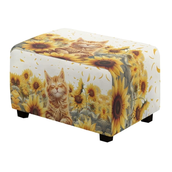 Xoenoiee Cat Sunflower Print Ottoman Cover Rectangle, Stretch Velvet Ottoman Covers Rectangle Ottoman Slipcover Soft Storage Ottoman Foot Rest Cover with Elastic Bottom, S