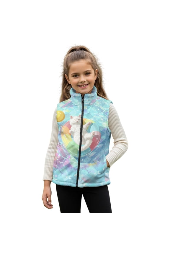 Cat Swim Ring Print Girls Lightweight Vest with Pockets Zip Up Stand Collar Jacket Sleeveless Winter Warm Vests Outerwear, Size 3T