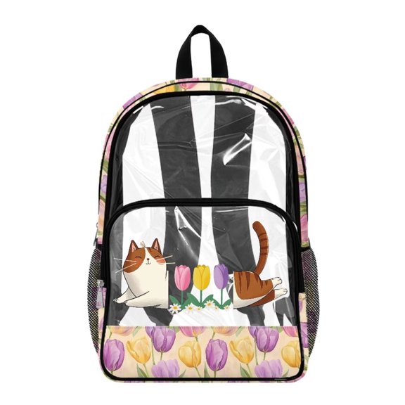 Xoenoiee Cat Tulip Daisy Print 17 Inch Backpack for Kids Girls 17 Inch Clear Backpacks Transparent Large Schoolbag PVC See Through Bookbag Rucksack Satchel for Kindergarten Primary Student