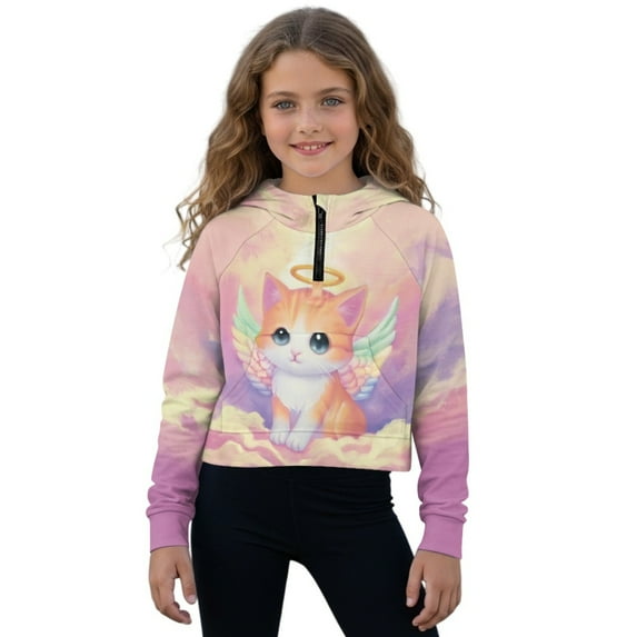 Xoenoiee Cat Wings Cloud Print Girls Hoodies Kids Sweatshirt Half Zipper Pullover Crop Tops for Teen Girls Long Sleeve Fall Clothes, 7-8 Years