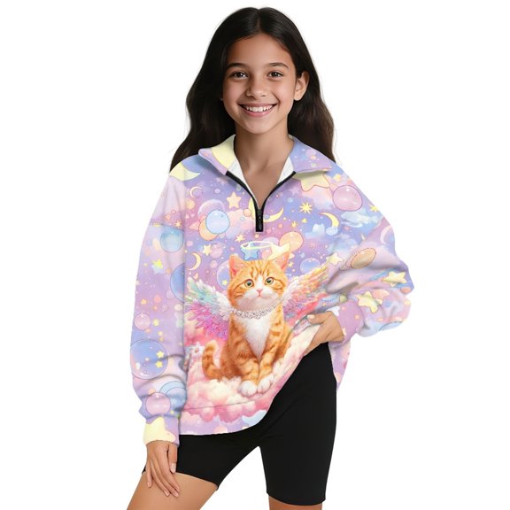 Xoenoiee Cat Wings Moon Star Cloud Print Girls Half Zip Sweatshirt Lightweight Workout Pullover Athletic Long Sleeve Top for Running Hiking Fall Winter Clothes, Size 11-12 Years