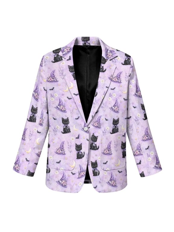 Cat Witch Hat Moon Bat Halloween Women's Blazer Casual Open Front Cardigan Fall Office Work Coats Business Casual Long Sleeve Plus Size Single Button Suit Jackets with Pockets, XL