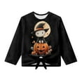thumbnail image 1 of Xoenoiee Cat Witch Pumpkin Moon Print Blouses for Girls with Casual Long Sleeve Tie Knot Front Shirts Halloween Loose Round Neck Little Kids Crop Top, Size 5-6 Year, 1 of 7