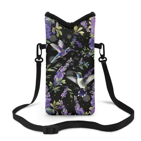 Xoenoiee Cellphone Bag Stylish Neoprene Small Crossbody Phone Pouch Portable Waterproof Phone Sleeve Case with Adjustable Strap and Hook Loop Fastener, 4 X 8 Inch, Hummingbird Lavender Leaf Black