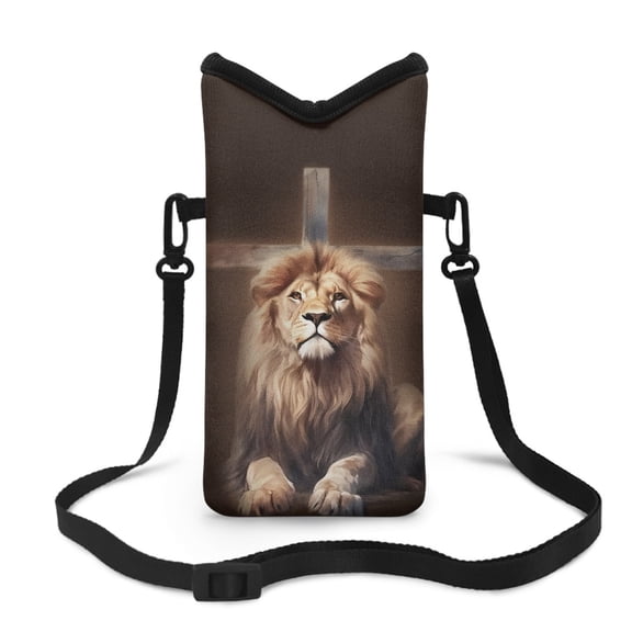 Xoenoiee Cellphone Crossbody Bag Stylish Waterproof Neoprene Portable Phone Pouch with Adjustable Strap and Hook Loop Fastener, 4 X 8 Inch, Lion Cross Brown