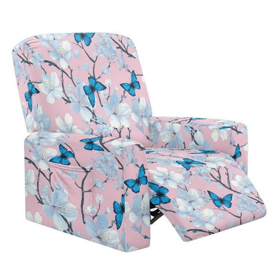 Xoenoiee Cherry Blossom Butterfly Print Recliner Slipcovers 4-Pieces Recliner Chair Covers Lazy Boy Chair Covers Stretch Recliner Couch Covers Fitted Non Slip Furniture Protector with Pocket