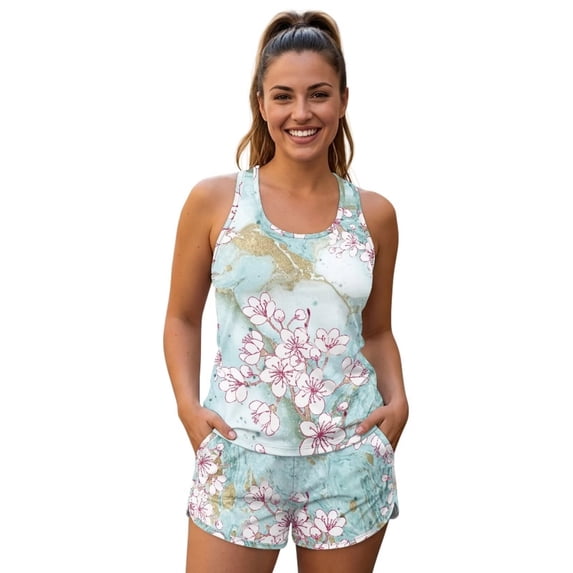 Xoenoiee Cherry Blossom Marble Print Blouson Women’s Tankini Swimsuits with Shorts Tummy Control Bathing Suits with Side Pockets 2026 2 Piece Swimwear Beachwear, 3XL