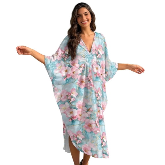 Xoenoiee Cherry Blossom Marble Print Women Kaftan Moo Moos Dresses Batwing Sleeve V Neck Beach Swimsuit Cover Up High-Slit Caftan Maxi Dress Loungewear