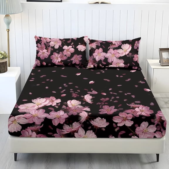 Xoenoiee Cherry Blossom Pattern Fitted Sheet and Pillowcases Set, Soft Sheet with Deep Pocket, 1 Fitted Sheet and 2 Pillowcases, No Flat Sheet, Twin Size