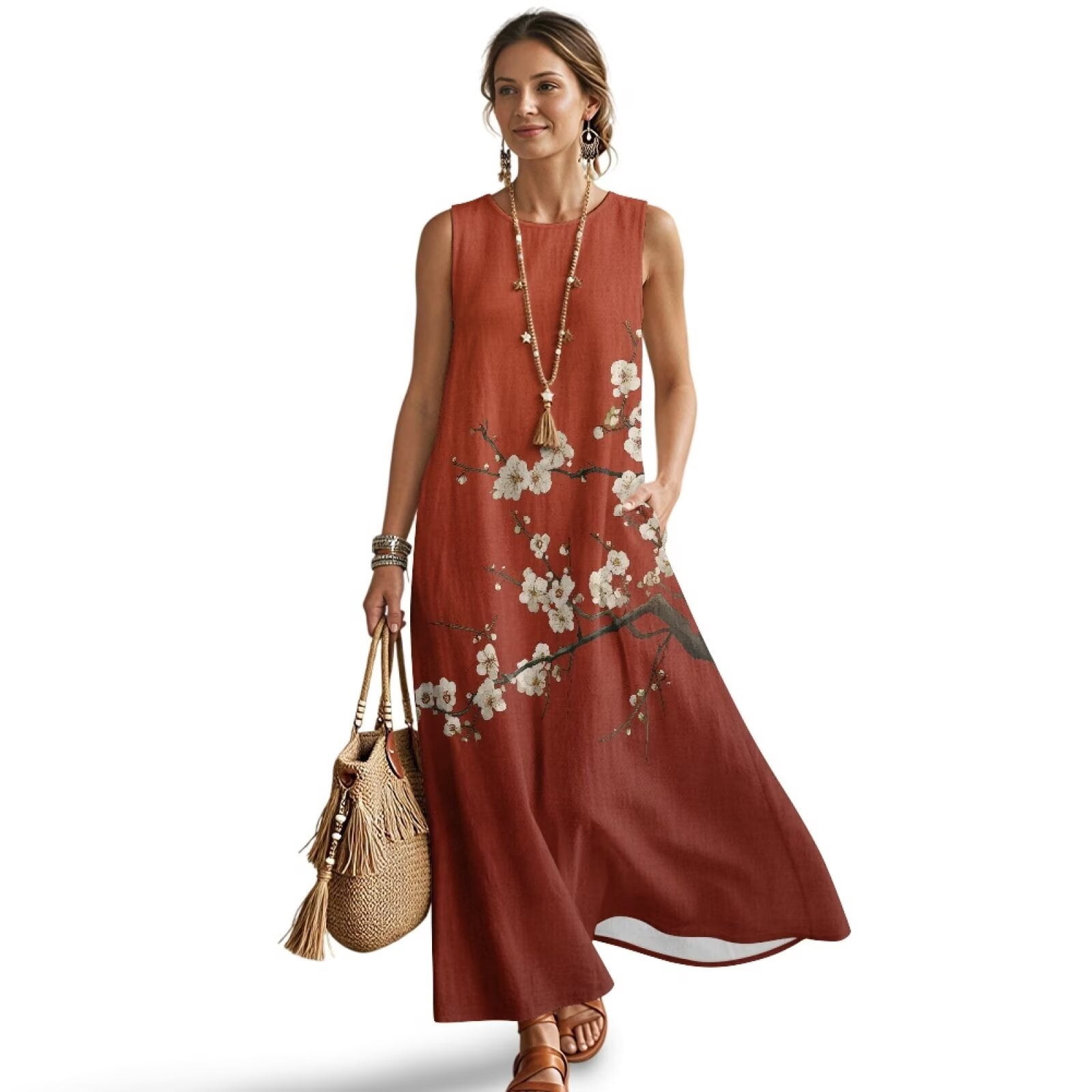 Xoenoiee Cherry Blossom Print Cotton Linen Summer Dresses for Women Hawaiian Crewneck Maxi Dress Beach Vacation Clothes Ankle-Length Sleeveless Boho