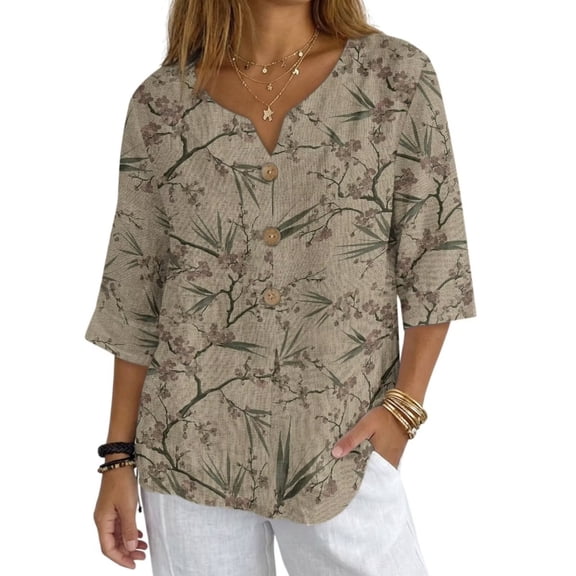 Xoenoiee Cherry Blossom Print Cotton Linen Tops for Women 3/4 Sleeve Summer Boho Gauze Blouses Dressy Casual Bohemian Shirts with Button Plus Size, Size S