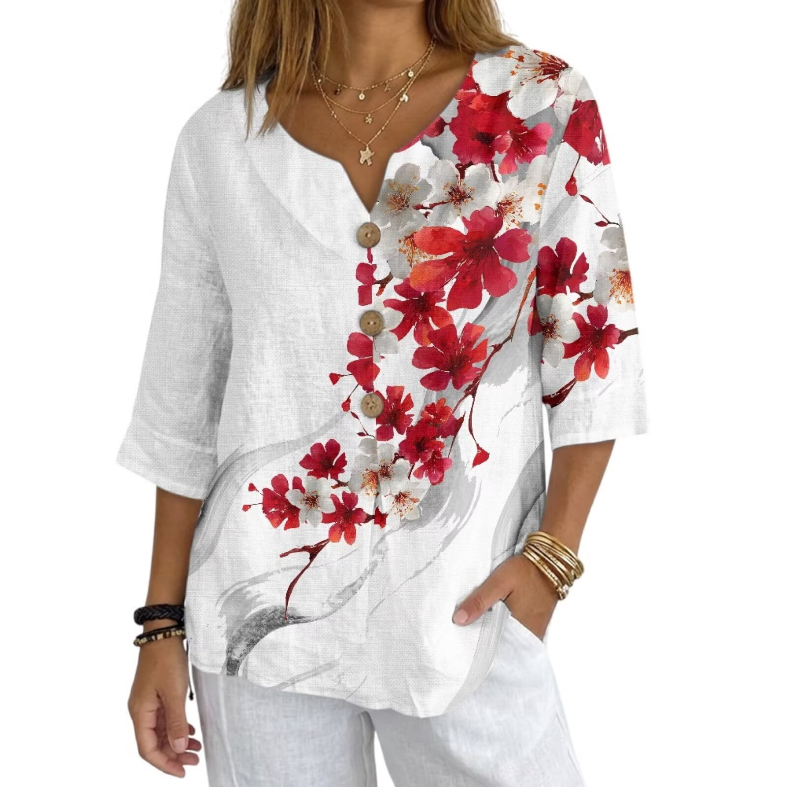 Xoenoiee Cherry Blossom Print Linen Shirts for Women Linen Tops V Neck ...
