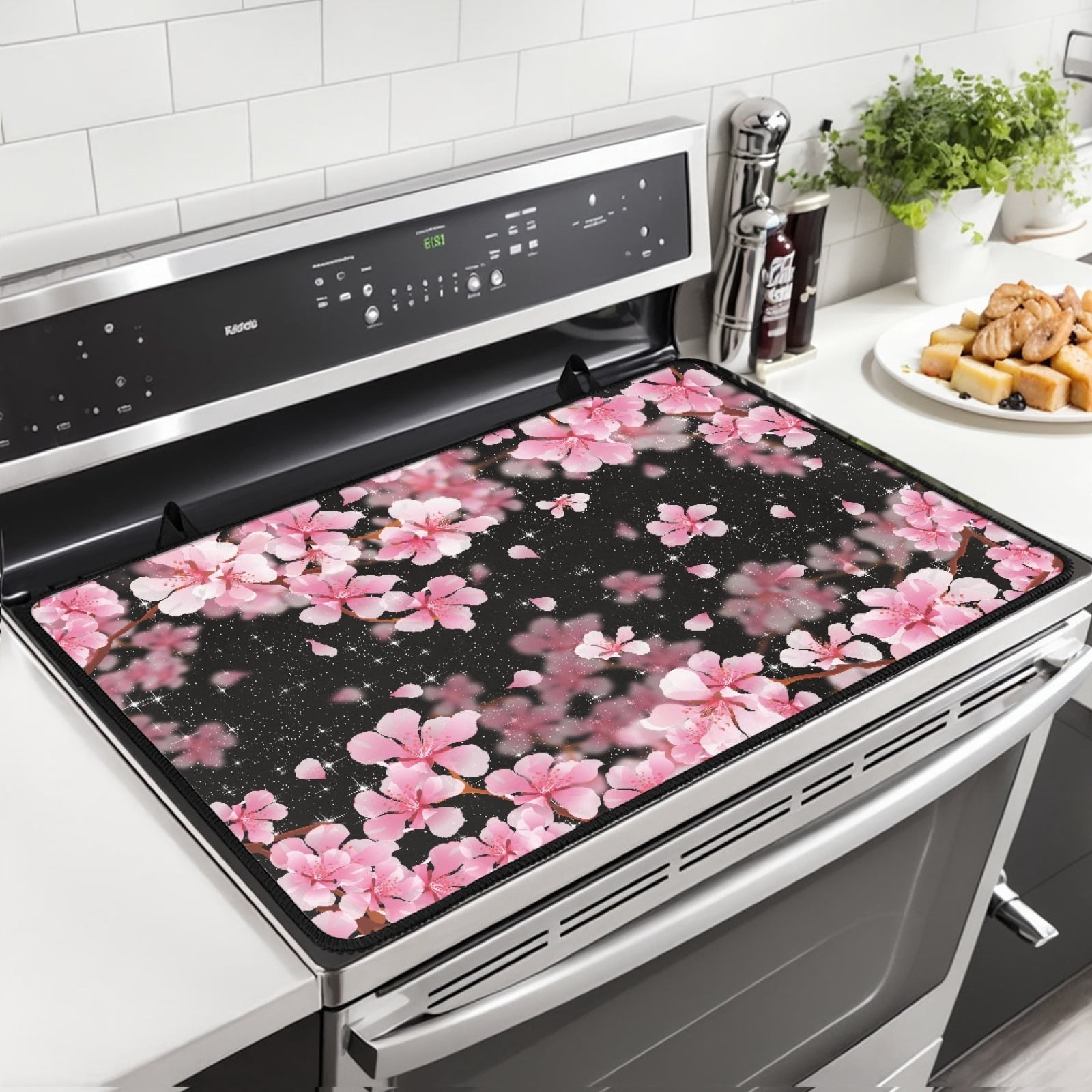 Xoenoiee Cherry Blossom Print Stove Top Cover for Electric Stove, Glass Cooktop Covers Anti-Slip Mat Heat Resistant Countertop Protector Home Kitchen Decor 29.18"x20.96"