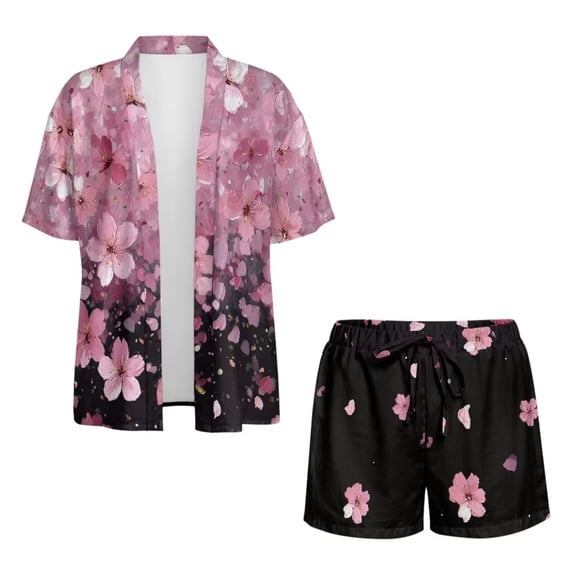 Xoenoiee Cherry Blossom Print Women 2 Piece Outfits Half Sleeve Blouse and Shorts Sweatsuit Sets Resort Wear for Beach Vacation Party, Size M