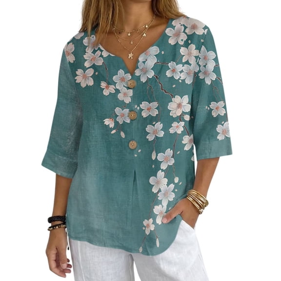 Xoenoiee Cherry Blossom Print Womens Cotton Button Down Shirt Casual 3/4 Sleeve Loose Fit Linen 2026 Work Blouse Tops Plus Size, S