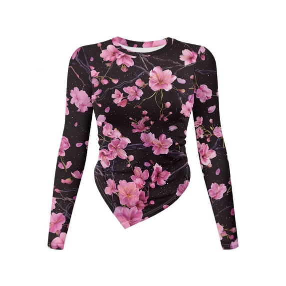 Xoenoiee Cherry Blossom Print Womens Long Sleeve Shirts Crew Neck Tops Tight Slim Fit Trendy Teen Girls Elastic Fall Winter Y2k Clothes, L
