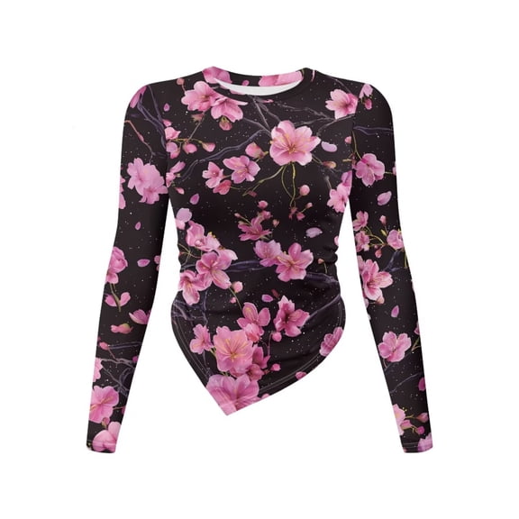 Xoenoiee Cherry Blossom Print Womens Long Sleeve Shirts Crew Neck Tops Tight Slim Fit Trendy Teen Girls Elastic Fall Winter Y2k Clothes, S