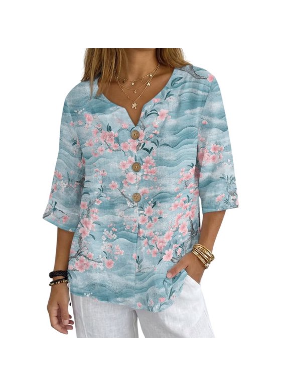 Xoenoiee Cherry Blossom Waves Blue Print Women Linen Shirt Button Down Shirt Casual V Neck Blouses for Women 3/4 Sleeve Oversized Linen Tops for Spring Summer, 4X-Large