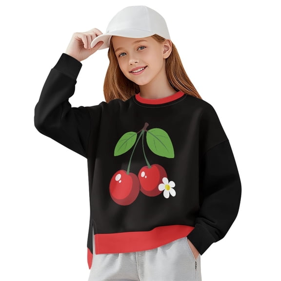 Xoenoiee Cherry Flower Print Girls Oversized Sweatshirt Crewneck Pullover Long Sleeve Soft Comfy Outerwear Casual Tops for Fall Winter, 11-12 Years