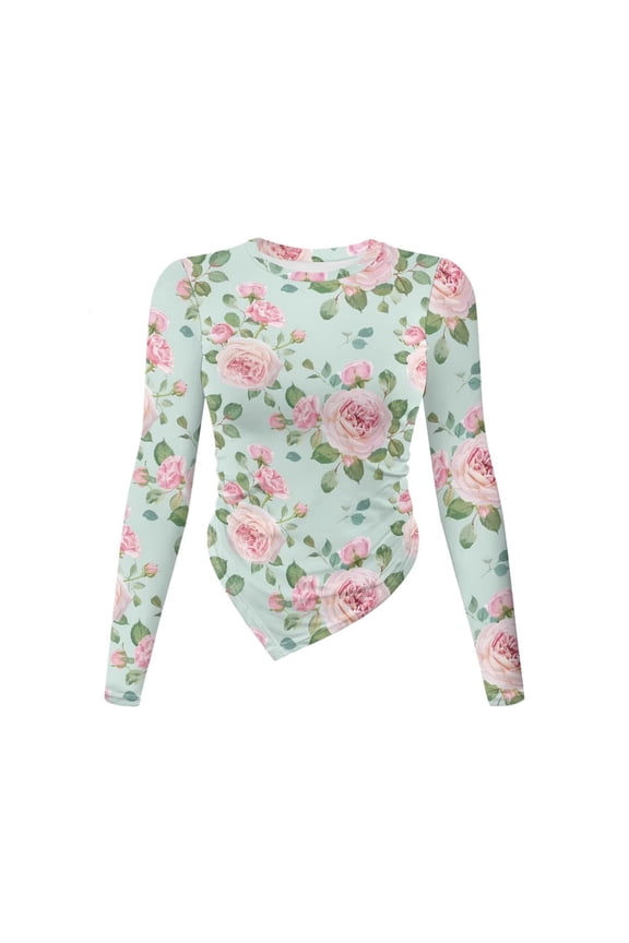 Chinese Rose Flower Print Women's Long Sleeve Round Neck Fitted Going Out Ruched Asymmetrical T Shirts Stretchy Crop Tops Plus Size, Size M