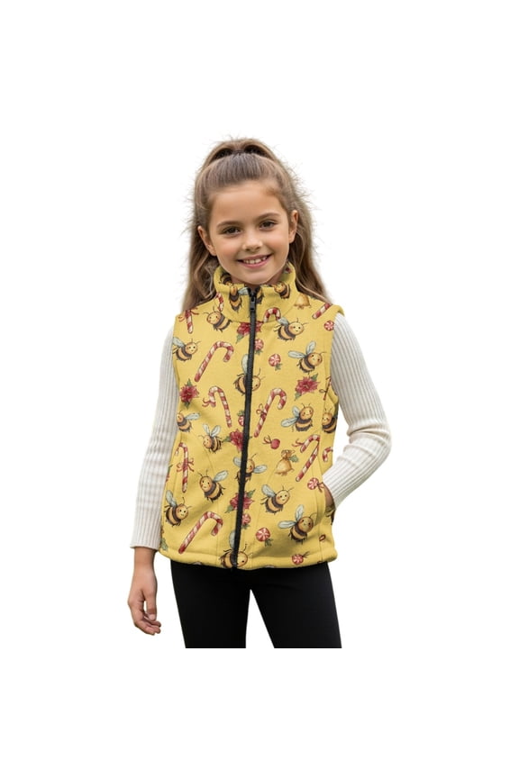Christmas Bee Candy Print Girls Polar Fleece Zipper Vest Kids Sleeveless Stand Collar Jacket Xmas Outerwear with Pockets for Travel Sports Running, Size 2T