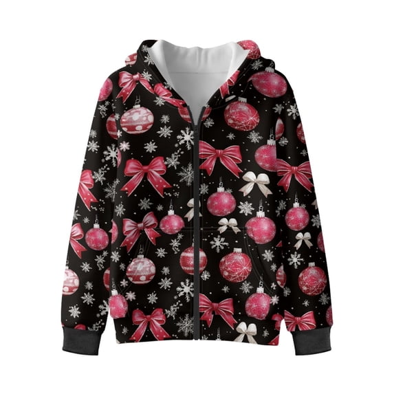 Xoenoiee Christmas Bulb Bow Snowflake Print Fleece Zip Hoodie for Girls Boys Long Sleeve Sweatshirt Trendy Clothes Casual Sportwear Streetwear with Pockets for Travel Vacation Sports, 6-7 Years