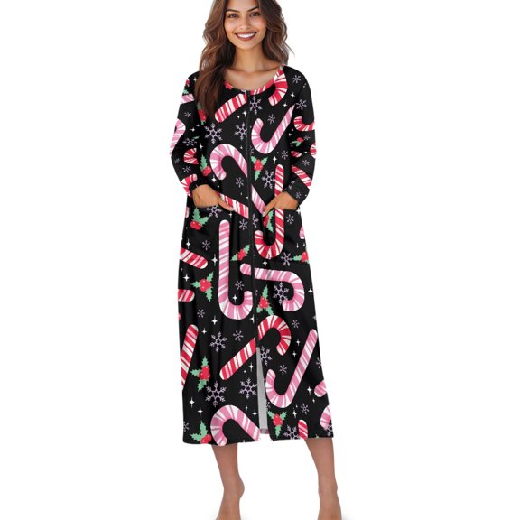Xoenoiee Christmas Candy Berry Snowflake Print Zipper Front Robes for Women Zipper Nightgown Xmas Long Housecoat Lightweight Bathrobe with Pockets, Size S