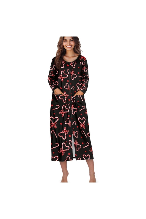 Christmas Candy Bow Heart Print Women's Long House Dress Zipper Loungewear Xmas Long Sleeve Zip Up Robes Full Length Sleepwear Nightgown with Pockets, 4XL