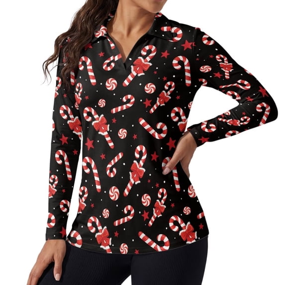 Xoenoiee Christmas Candy Bow Star Print Womens V Neck Golf Polo Shirts Long Sleeve Sport Shirt Workout Tops Xmas Polo Shirts Business Casual Tops Collared Slim Fit Blouses Pullover, Size 2XL