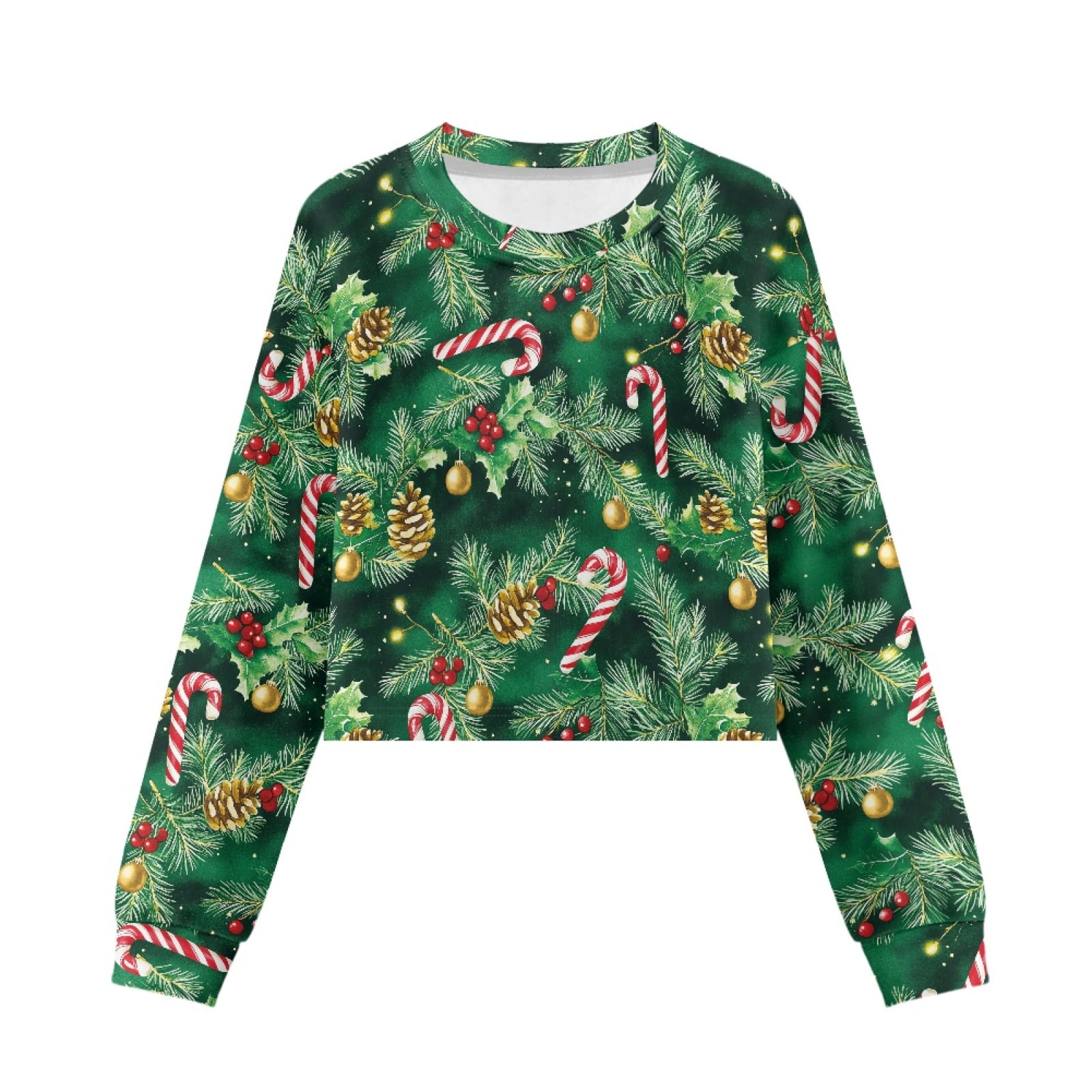 XOENOIEE Christmas Candy Bulb Pinecone Print Girls Cropped Sweatshirt Kids Long Sleeve Pullover Xmas Lightweight Crop Tops Fall Fashion Shirts, 7-8 Years