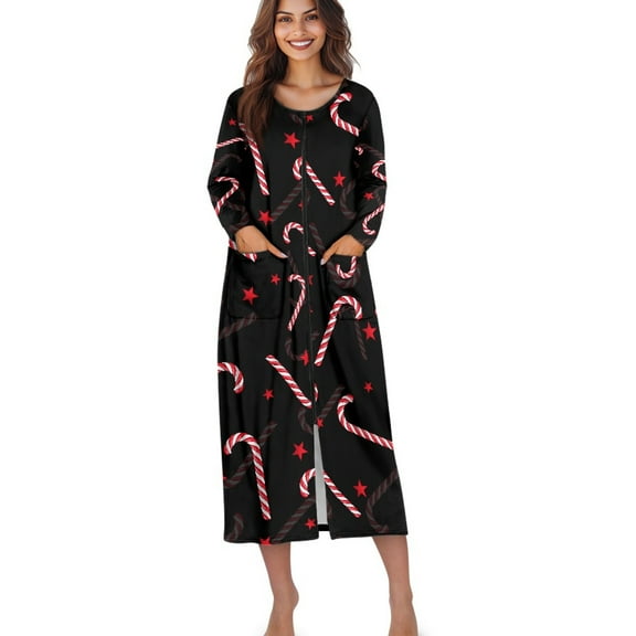 Xoenoiee Christmas Candy Cane Star Print Women's Zipper Robe Xmas Long Sleeves Housecoat Full Length Nightgown Soft Loungewear Robe with Pockets, Size 3XL