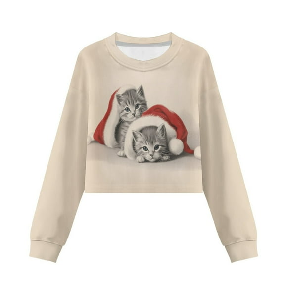 Xoenoiee Christmas Cat Print Girls Crop Sweatshirts Casual Tops Kids Long Sleeve Pullover Xmas Fall Winter Fashion Shirts for Teen Girl, 13-14 Years