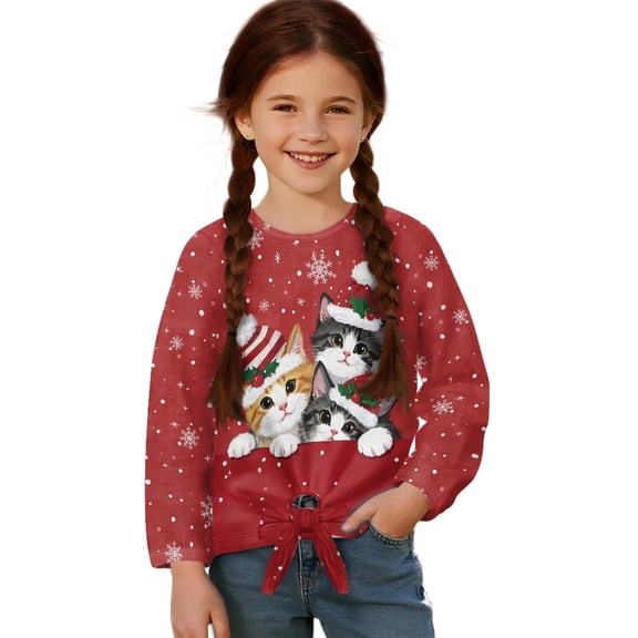 Xoenoiee Christmas Cat Snowflake Print Kids Crop Tops Girls Long Sleeve Tee Shirts Xmas Fall Clothes Loose Fit Sweatshirt Pullover Top with Tie Front, 5-6 Year