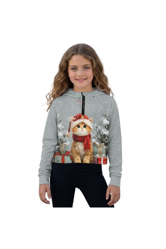 Christmas Cat Tree Gift Print Girls Half Zipper Hoodie Xmas Trendy Fall Sweatshirts Long Sleeve Pullover Tops for Teen Girl Kids Mock Neck Sweater, 7-8 Years