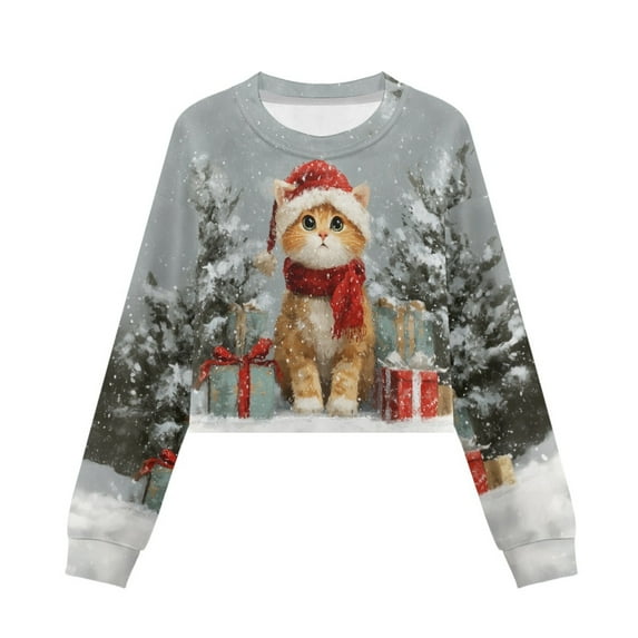 Xoenoiee Christmas Cat Tree Gift Print Girls Long Sleeve Shirts Pullover Kids Sweatshirts Xmas Drop Shoulder Clothes for Teen Girls Crop Tops, 5-6 Years